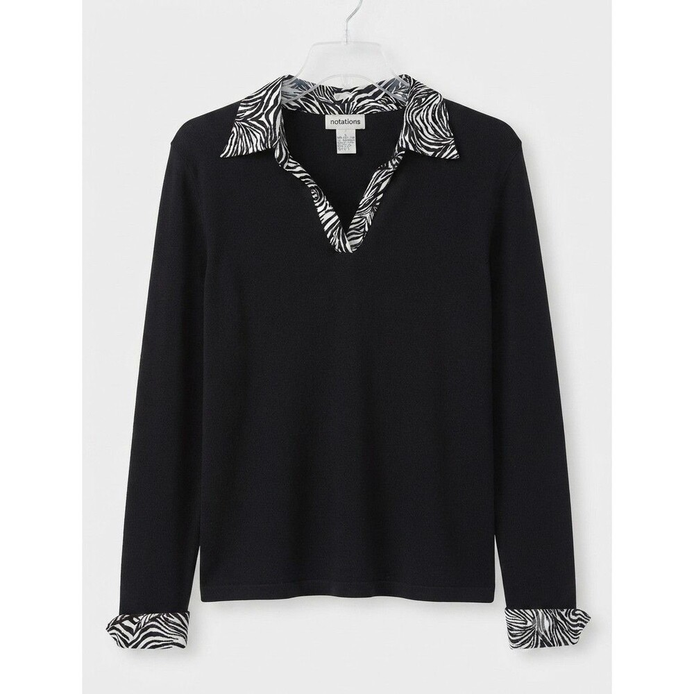 Notations Woman Sweater Size L  Black With Cebra Print Collar And Cuffs EUC